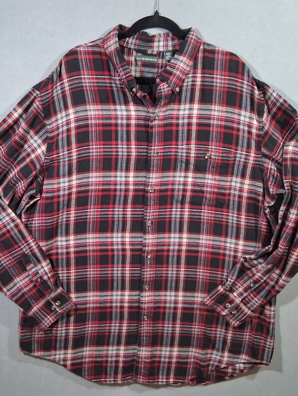 Mens 2XLT GH Bass Flannel LS Button-Down Grey/Red/Black Lumberjack Woods Forest